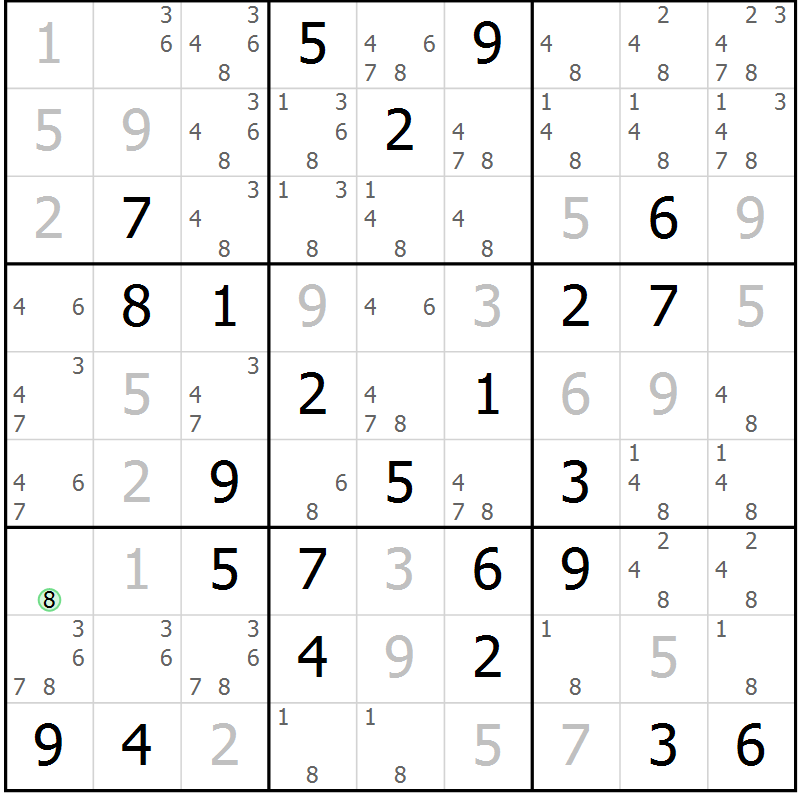 Position des candidats pour la solution de la Gr 84 page 87 du magazine de sudoku Virtuose n° 125