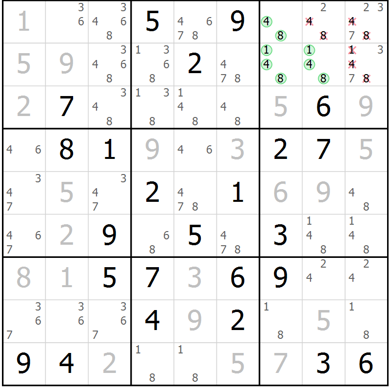Position des candidats pour la solution de la Gr 84 page 87 du magazine de sudoku Virtuose n° 125