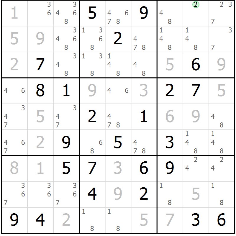 Position des candidats pour la solution de la Gr 84 page 87 du magazine de sudoku Virtuose n° 125