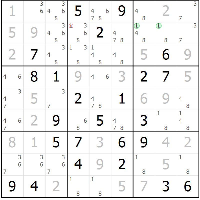 Position des candidats pour la solution de la Gr 84 page 87 du magazine de sudoku Virtuose n° 125