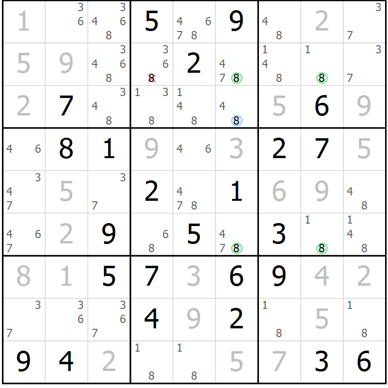 Position des candidats pour la solution de la Gr 84 page 87 du magazine de sudoku Virtuose n° 125