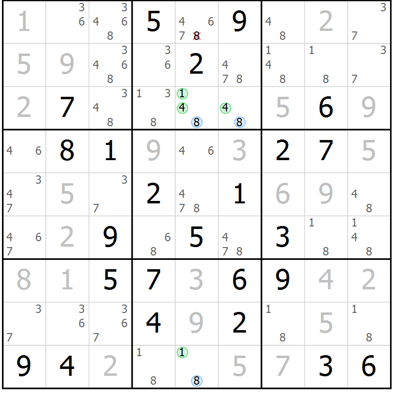 Position des candidats pour la solution de la Gr 84 page 87 du magazine de sudoku Virtuose n° 125