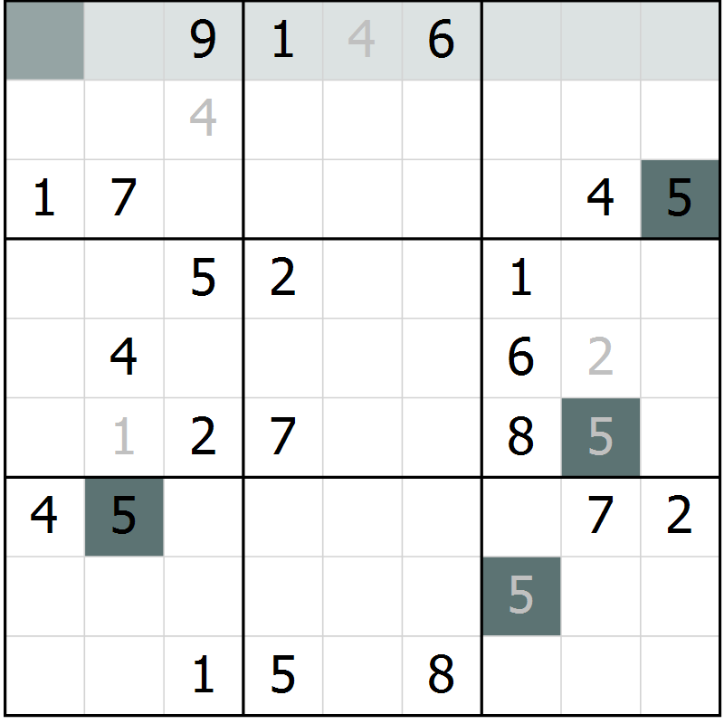 Position des candidats pour la solution de la Gr 9 page 12 du magazine de sudoku Virtuose n° 125