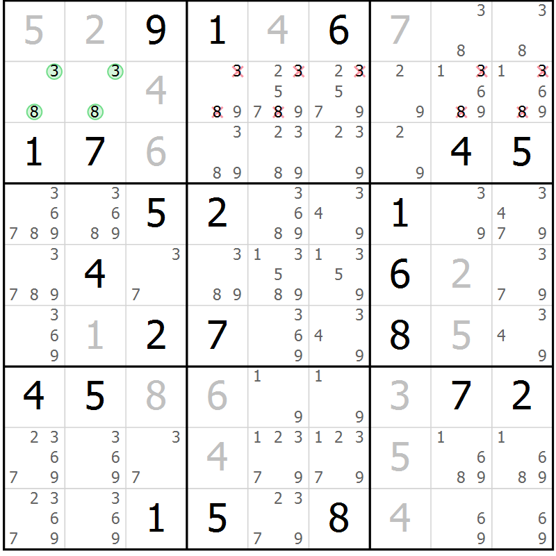 Position des candidats pour la solution de la Gr 9 page 12 du magazine de sudoku Virtuose n° 125