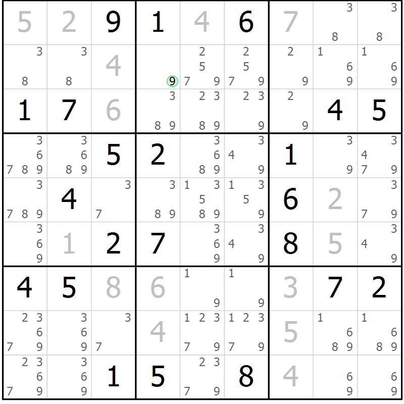 Position des candidats pour la solution de la Gr 9 page 12 du magazine de sudoku Virtuose n° 125
