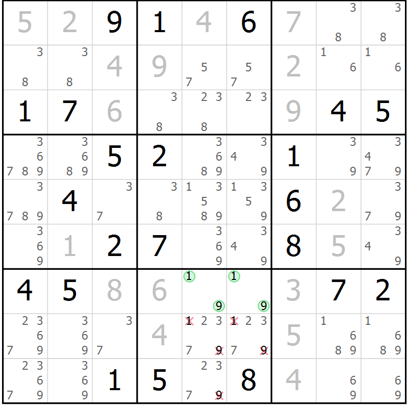 Position des candidats pour la solution de la Gr 9 page 12 du magazine de sudoku Virtuose n° 125