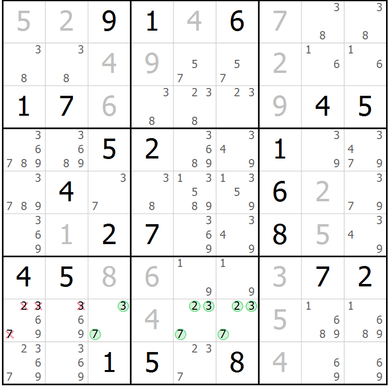 Position des candidats pour la solution de la Gr 9 page 12 du magazine de sudoku Virtuose n° 125
