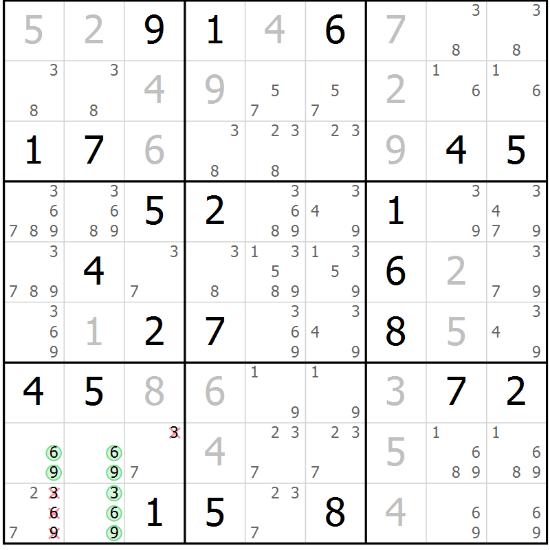 Position des candidats pour la solution de la Gr 9 page 12 du magazine de sudoku Virtuose n° 125