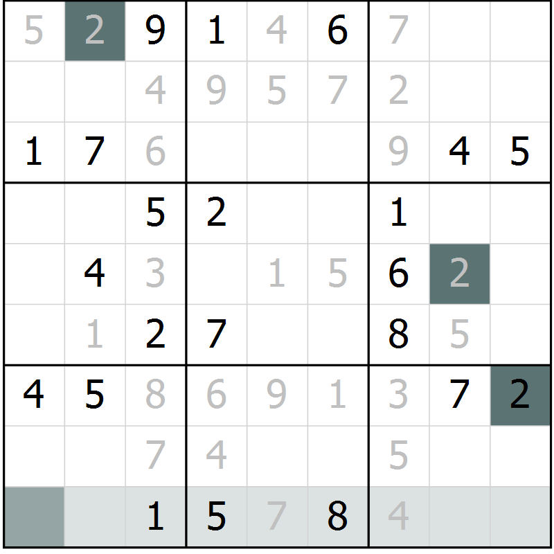 Position des candidats pour la solution de la Gr 9 page 12 du magazine de sudoku Virtuose n° 125