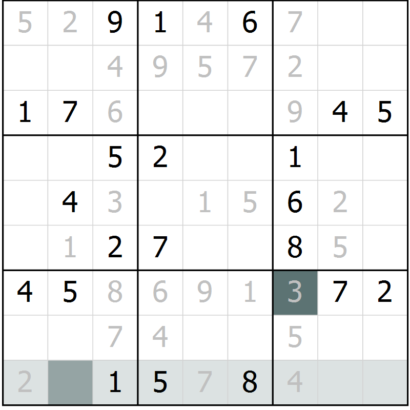 Position des candidats pour la solution de la Gr 9 page 12 du magazine de sudoku Virtuose n° 125