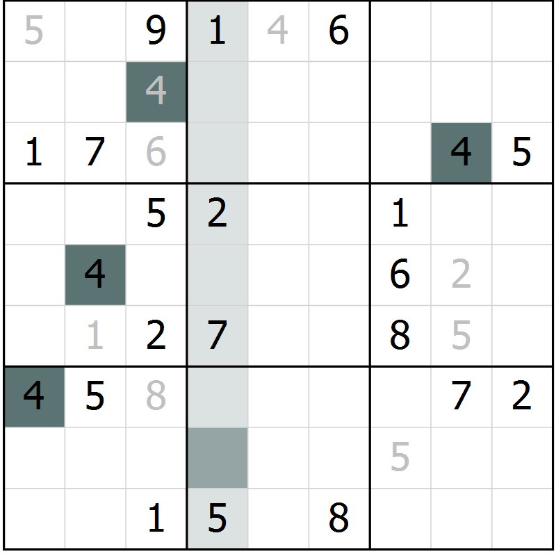 Position des candidats pour la solution de la Gr 9 page 12 du magazine de sudoku Virtuose n° 125
