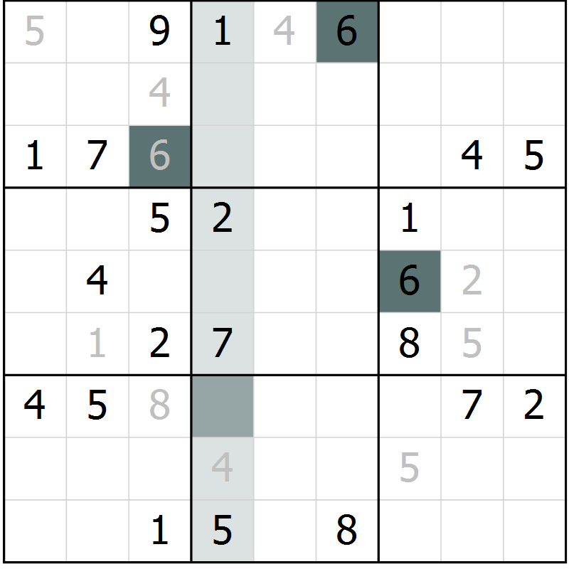 Position des candidats pour la solution de la Gr 9 page 12 du magazine de sudoku Virtuose n° 125
