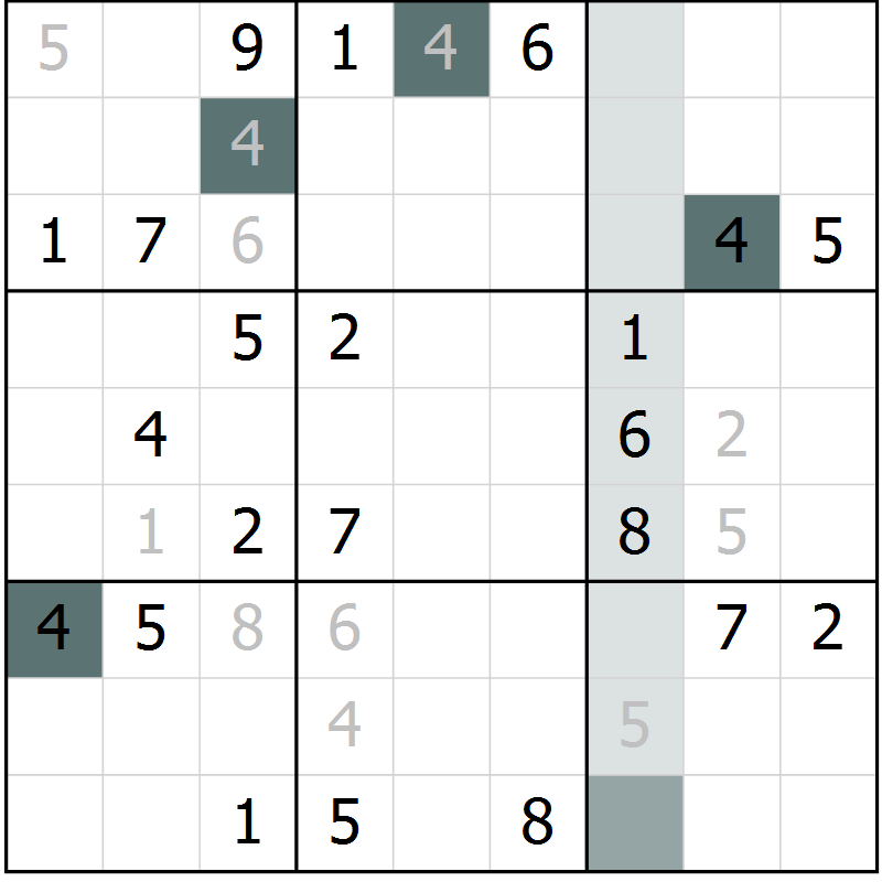 Position des candidats pour la solution de la Gr 9 page 12 du magazine de sudoku Virtuose n° 125
