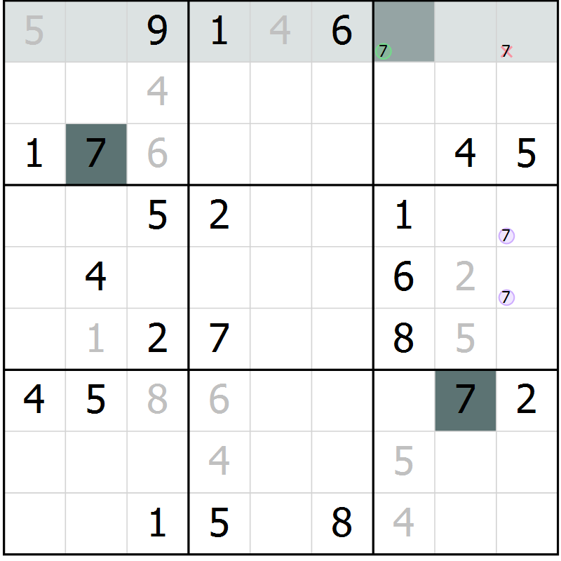 Position des candidats pour la solution de la Gr 9 page 12 du magazine de sudoku Virtuose n° 125