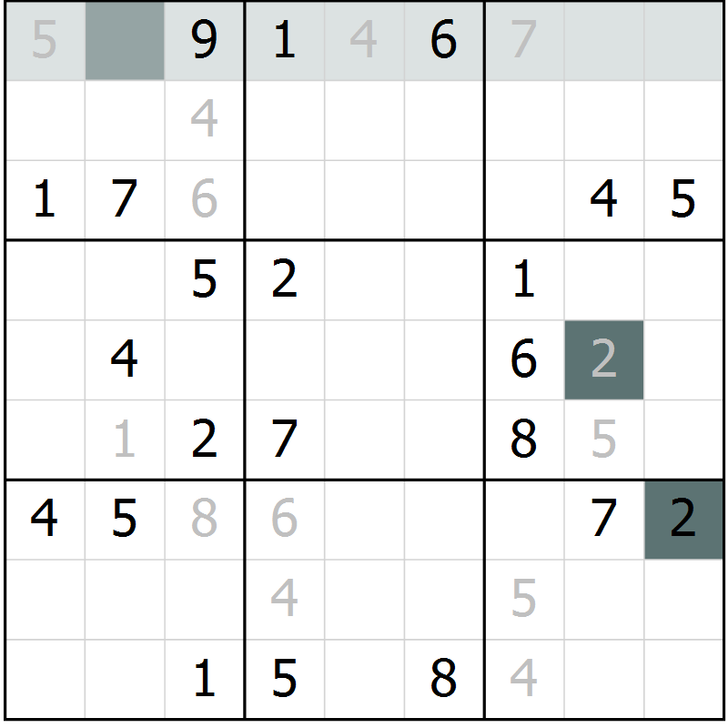 Position des candidats pour la solution de la Gr 9 page 12 du magazine de sudoku Virtuose n° 125