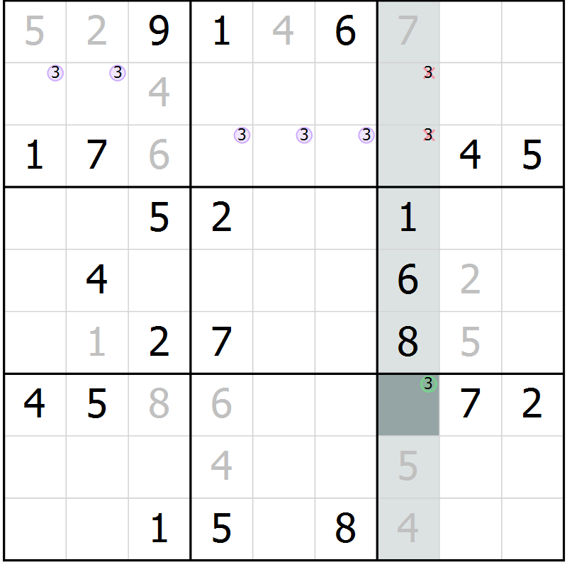 Position des candidats pour la solution de la Gr 9 page 12 du magazine de sudoku Virtuose n° 125