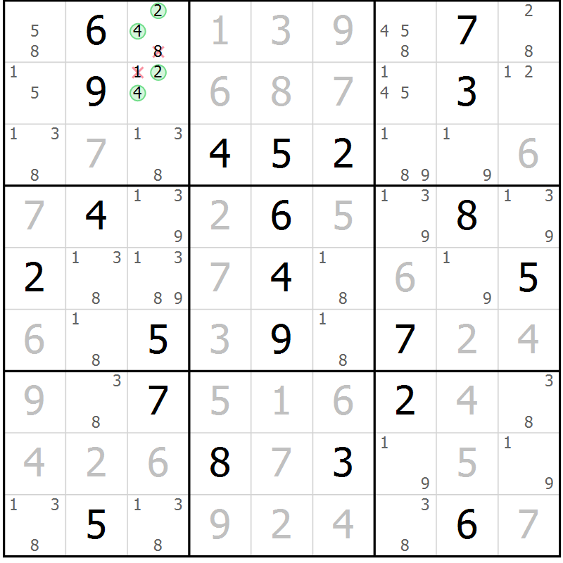 Position des candidats pour la solution de la Gr 1 page 4 du magazine de sudoku Virtuose n° 126