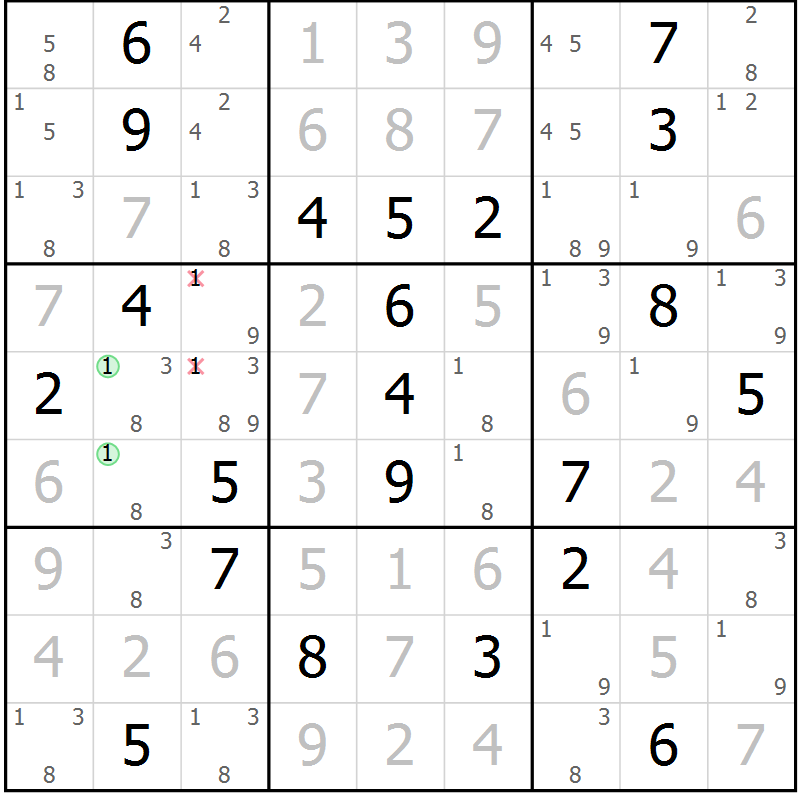 Position des candidats pour la solution de la Gr 1 page 4 du magazine de sudoku Virtuose n° 126