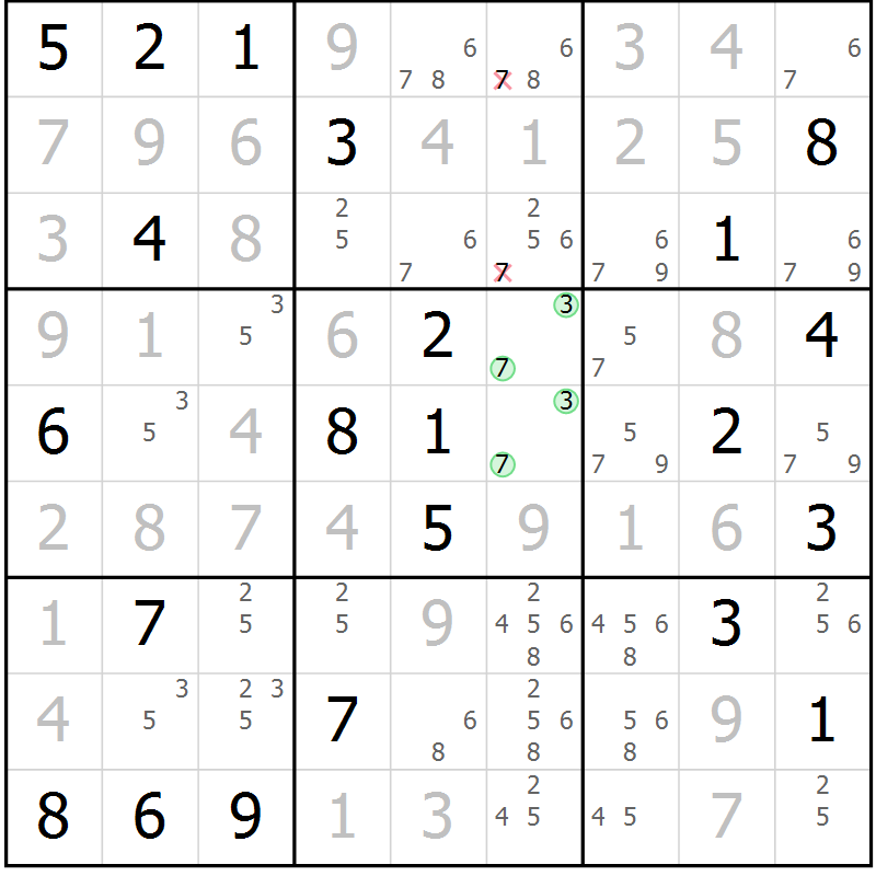 Position des candidats pour la solution de la Gr 10 page 13 du magazine de sudoku Virtuose n° 126