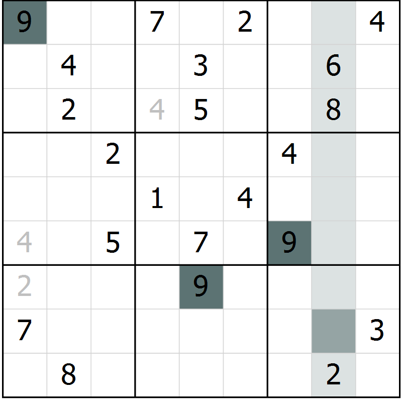Position des candidats pour la solution de la Gr 11 page 14 du magazine de sudoku Virtuose n° 126