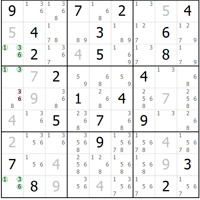 Position des candidats pour la solution de la Gr 11 page 14 du magazine de sudoku Virtuose n° 126