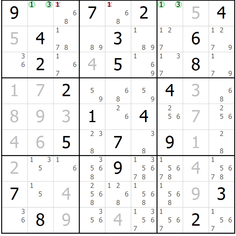 Position des candidats pour la solution de la Gr 11 page 14 du magazine de sudoku Virtuose n° 126