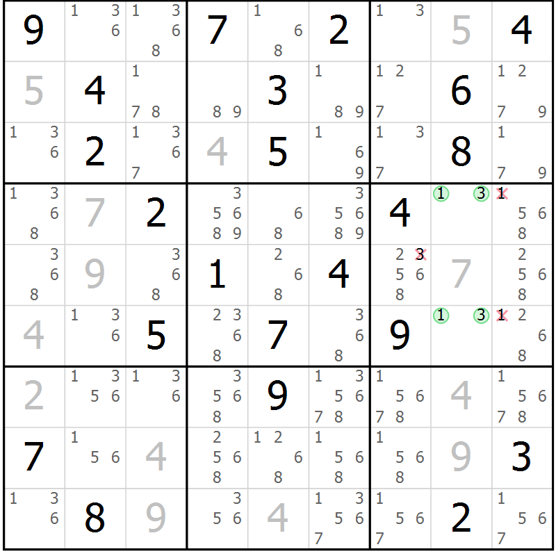 Position des candidats pour la solution de la Gr 11 page 14 du magazine de sudoku Virtuose n° 126