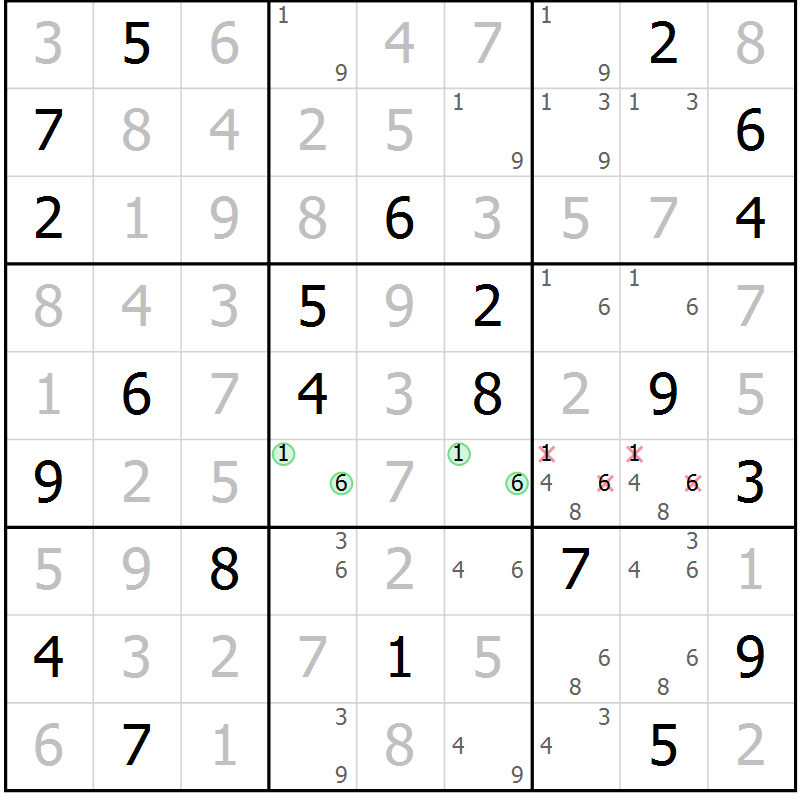 Position des candidats pour la solution de la Gr 13 page 16 du magazine de sudoku Virtuose n° 126