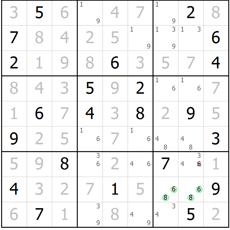 Position des candidats pour la solution de la Gr 13 page 16 du magazine de sudoku Virtuose n° 126