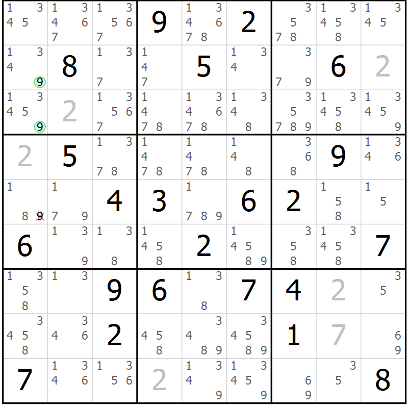 Position des candidats pour la solution de la Gr 14 page 17 du magazine de sudoku Virtuose n° 126