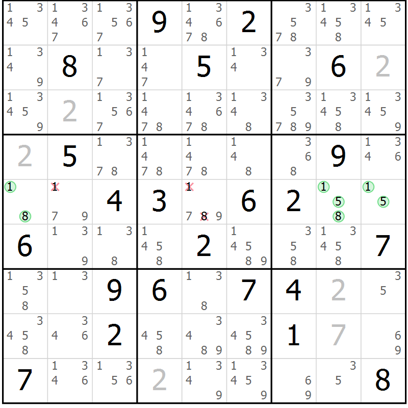 Position des candidats pour la solution de la Gr 14 page 17 du magazine de sudoku Virtuose n° 126