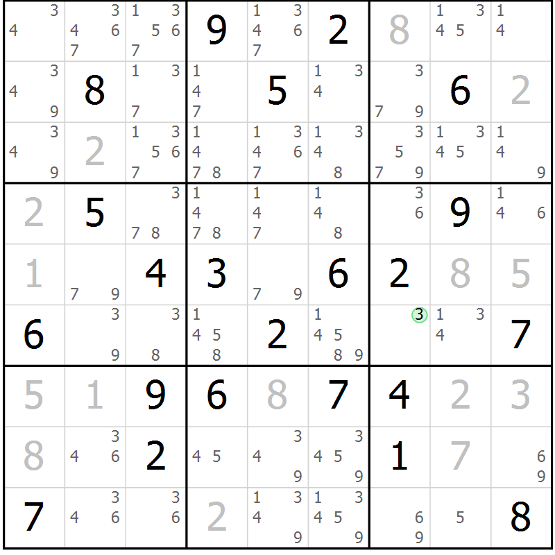Position des candidats pour la solution de la Gr 14 page 17 du magazine de sudoku Virtuose n° 126