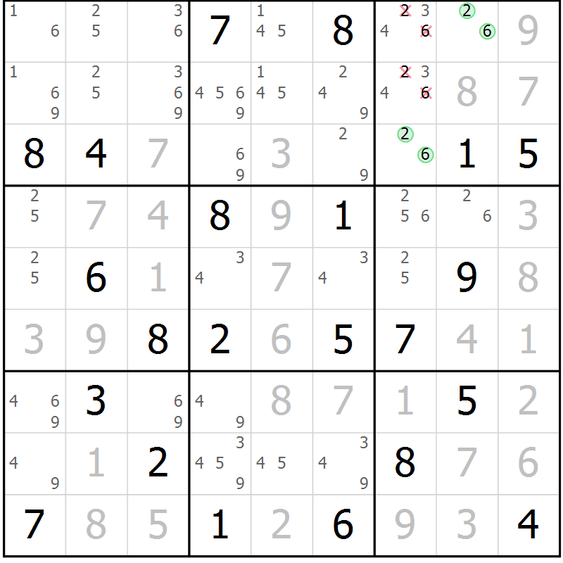 Position des candidats pour la solution de la Gr 15 page 18 du magazine de sudoku Virtuose n° 126