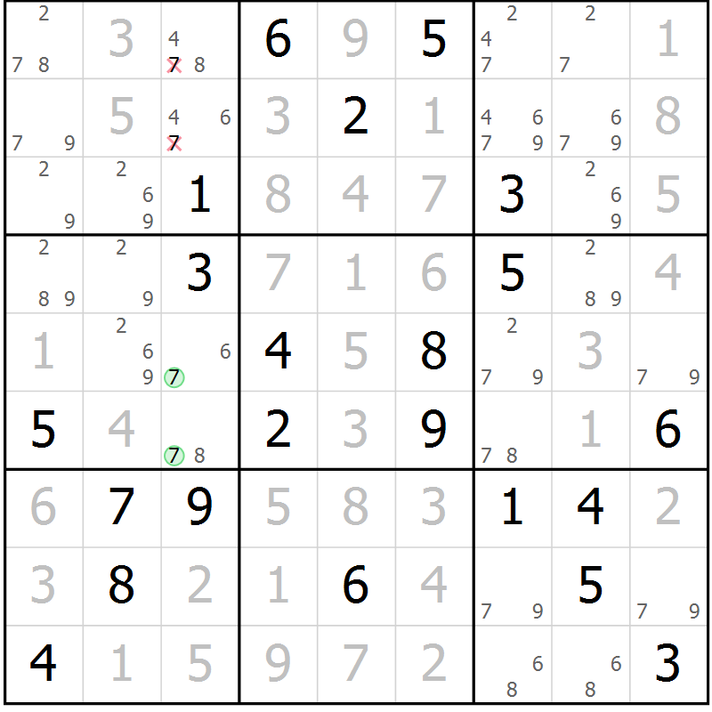 Position des candidats pour la solution de la Gr 18 page 21 du magazine de sudoku Virtuose n° 126