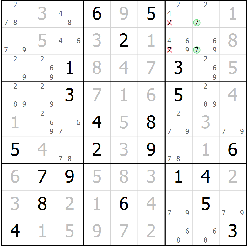 Position des candidats pour la solution de la Gr 18 page 21 du magazine de sudoku Virtuose n° 126