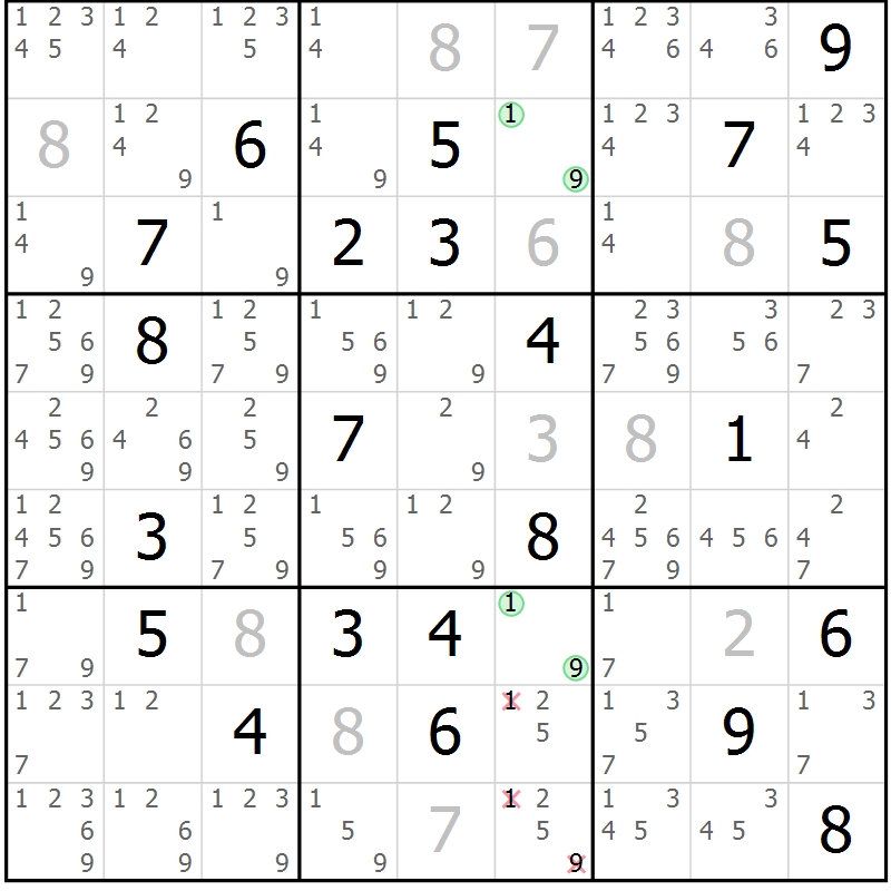 Position des candidats pour la solution de la Gr 2 page 5 du magazine de sudoku Virtuose n° 126
