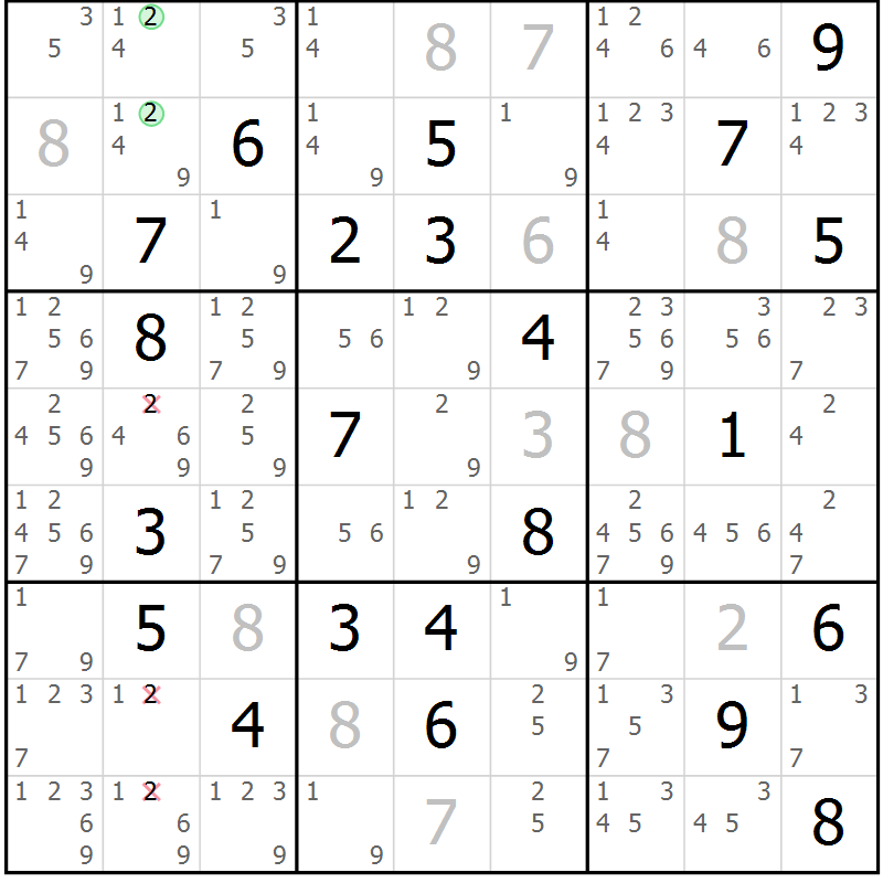 Position des candidats pour la solution de la Gr 2 page 5 du magazine de sudoku Virtuose n° 126