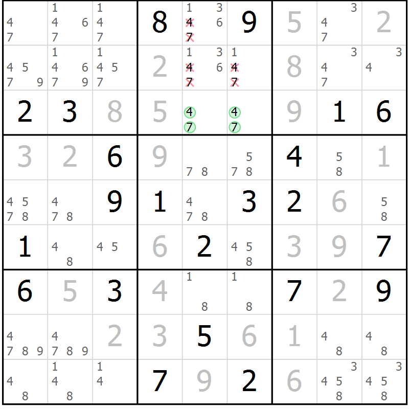 Position des candidats pour la solution de la Gr 21 page 24 du magazine de sudoku Virtuose n° 126