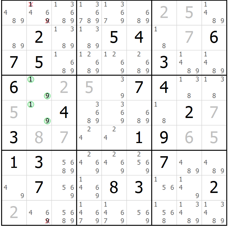 Position des candidats pour la solution de la Gr 22 page 25 du magazine de sudoku Virtuose n° 126
