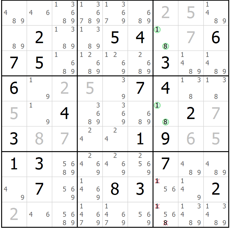 Position des candidats pour la solution de la Gr 22 page 25 du magazine de sudoku Virtuose n° 126