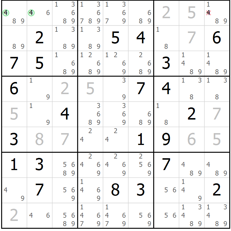 Position des candidats pour la solution de la Gr 22 page 25 du magazine de sudoku Virtuose n° 126