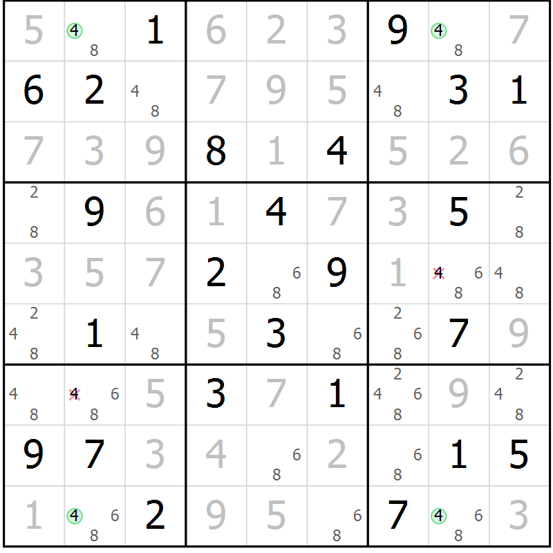 Position des candidats pour la solution de la Gr 23 page 26 du magazine de sudoku Virtuose n° 126