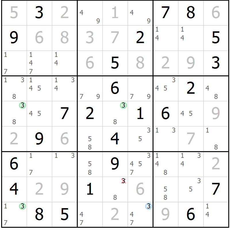 Position des candidats pour la solution de la Gr 25 page 28 du magazine de sudoku Virtuose n° 126