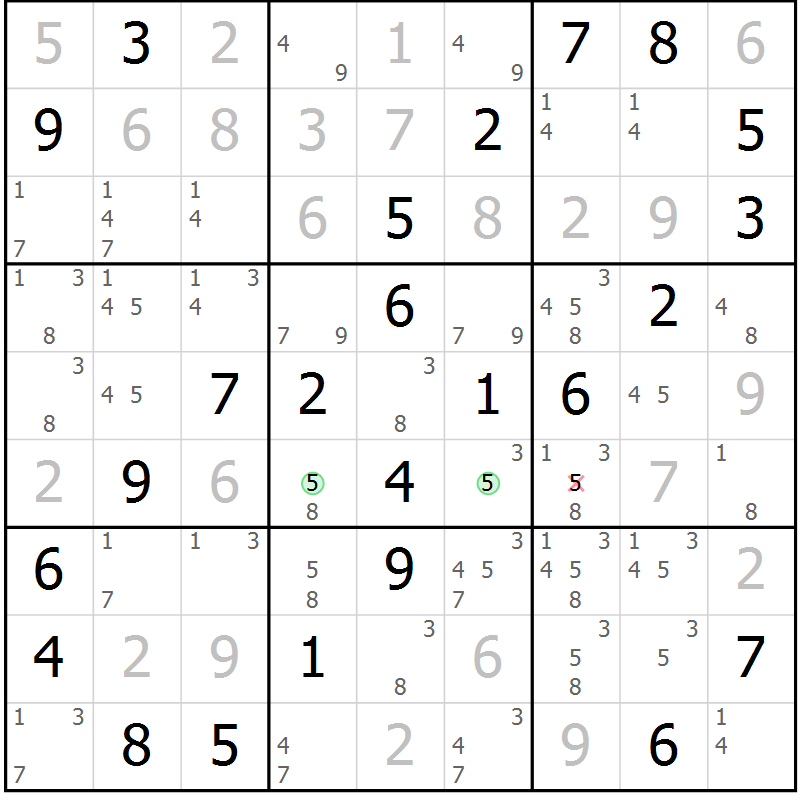 Position des candidats pour la solution de la Gr 25 page 28 du magazine de sudoku Virtuose n° 126
