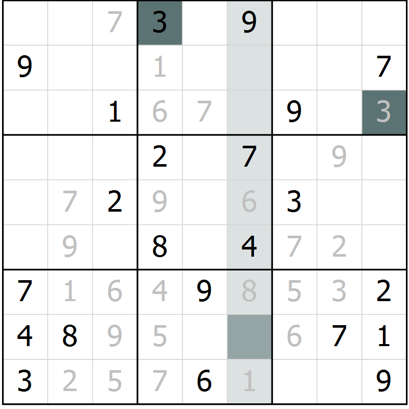 Position des candidats pour la solution de la Gr 3 page 6 du magazine de sudoku Virtuose n° 126