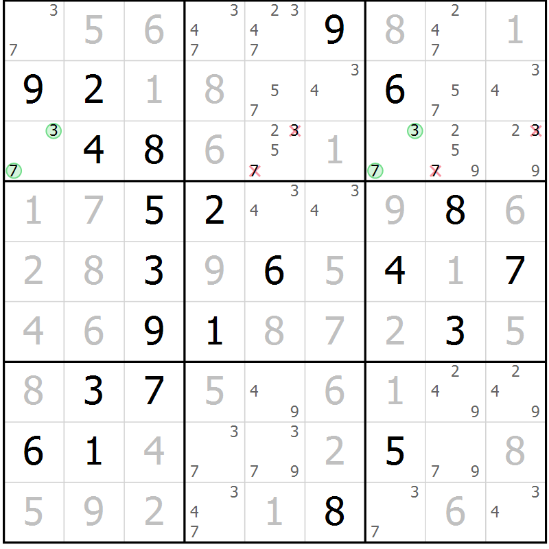 Position des candidats pour la solution de la Gr 34 page 37 du magazine de sudoku Virtuose n° 126