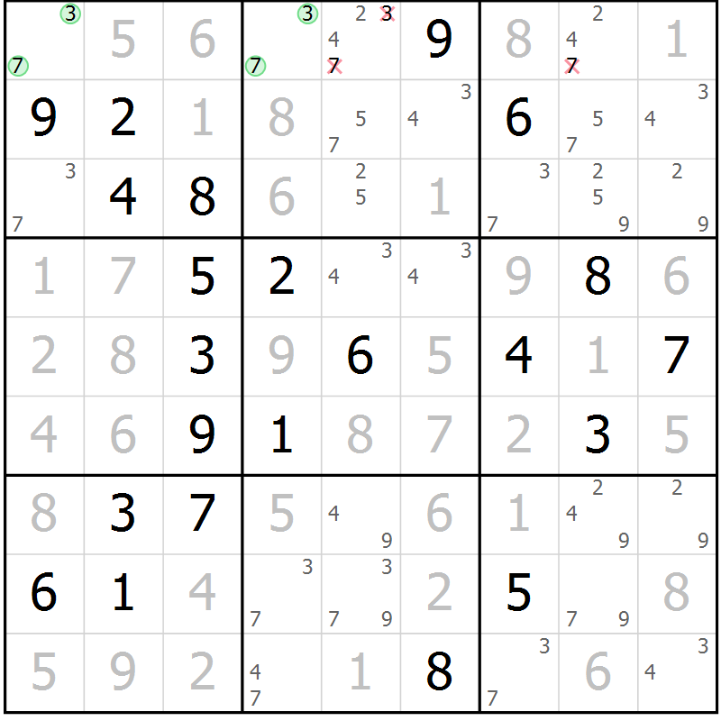 Position des candidats pour la solution de la Gr 34 page 37 du magazine de sudoku Virtuose n° 126