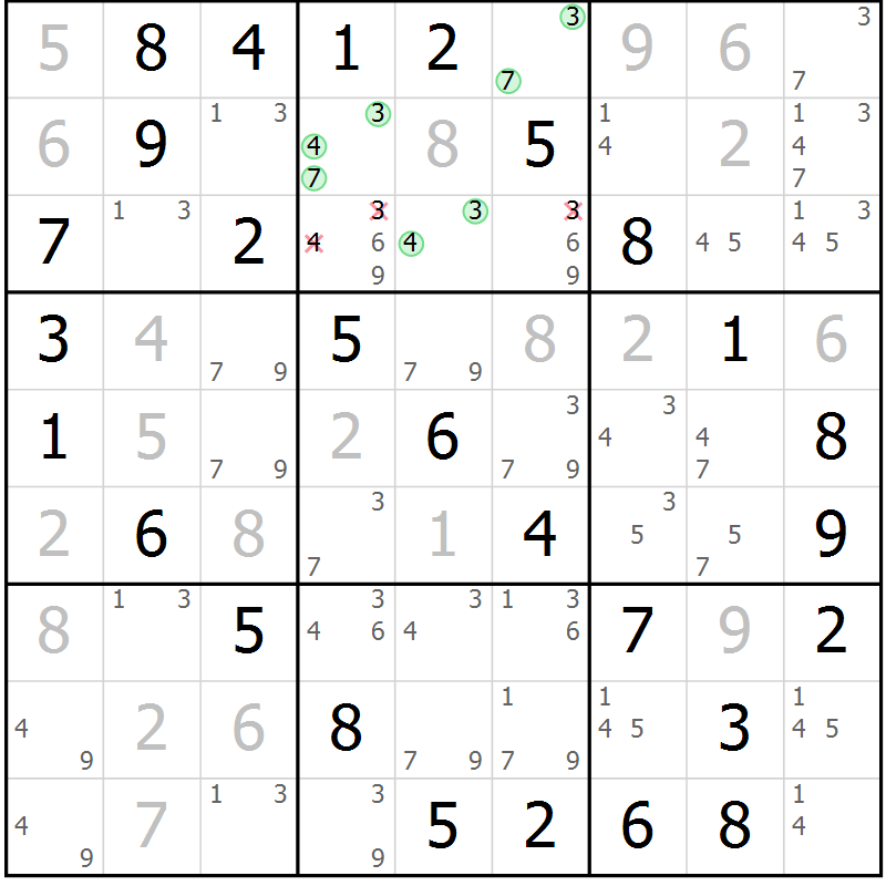 Position des candidats pour la solution de la Gr 36 page 39 du magazine de sudoku Virtuose n° 126