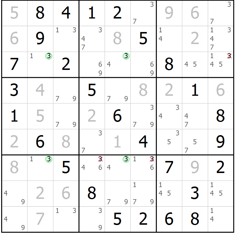 Position des candidats pour la solution de la Gr 36 page 39 du magazine de sudoku Virtuose n° 126