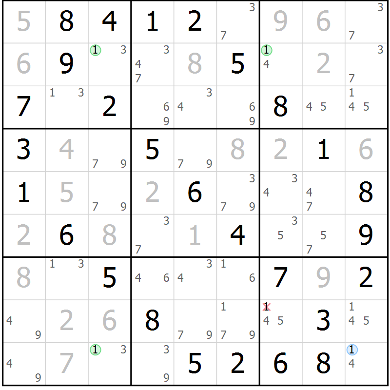 Position des candidats pour la solution de la Gr 36 page 39 du magazine de sudoku Virtuose n° 126